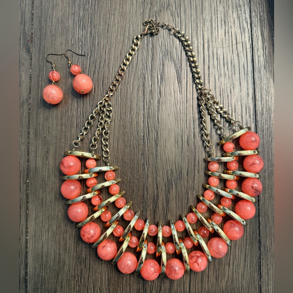 Coral and Gold Statement Necklace and Earring Set